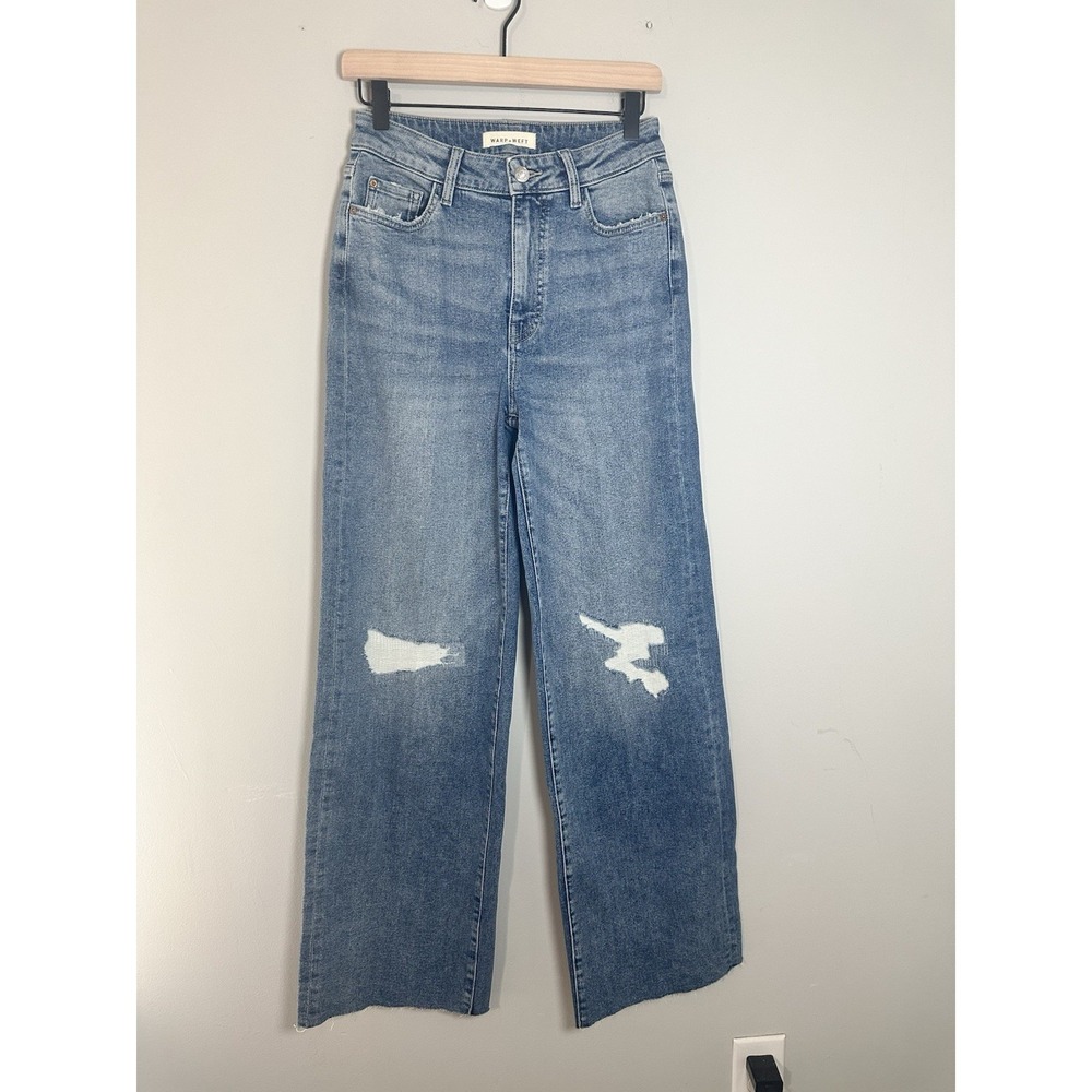 Warp + Weft High-Rise Wide-Leg Jeans | Distressed Patched‎ Knees | Size 26